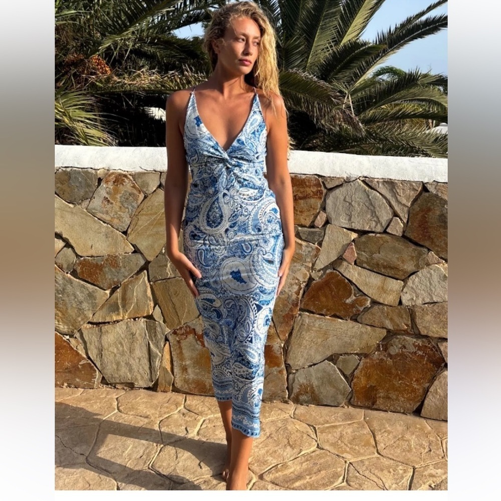 Zara Linen Tie Knot Blue Paisley Print Midi Dress sz M